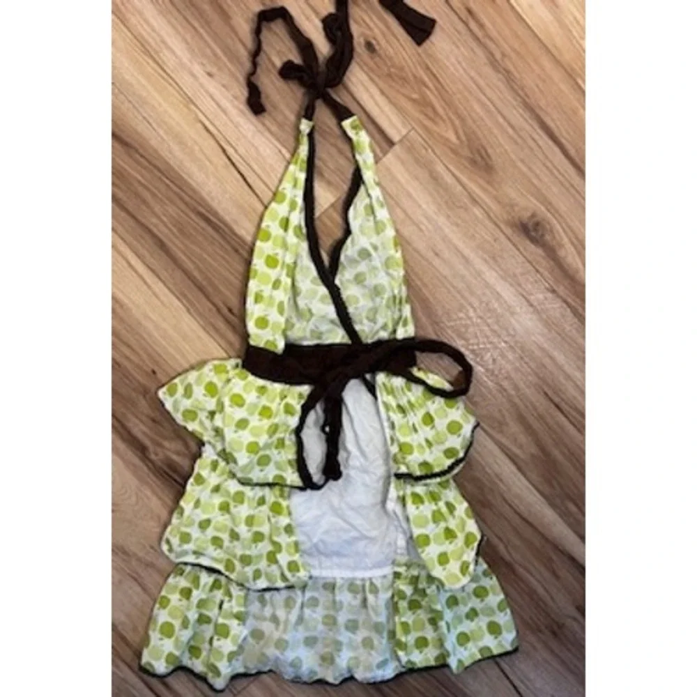 Simply‎ Envogue Green Apple Print Ruffle Tiered Halter Apron Brown Trim Southern